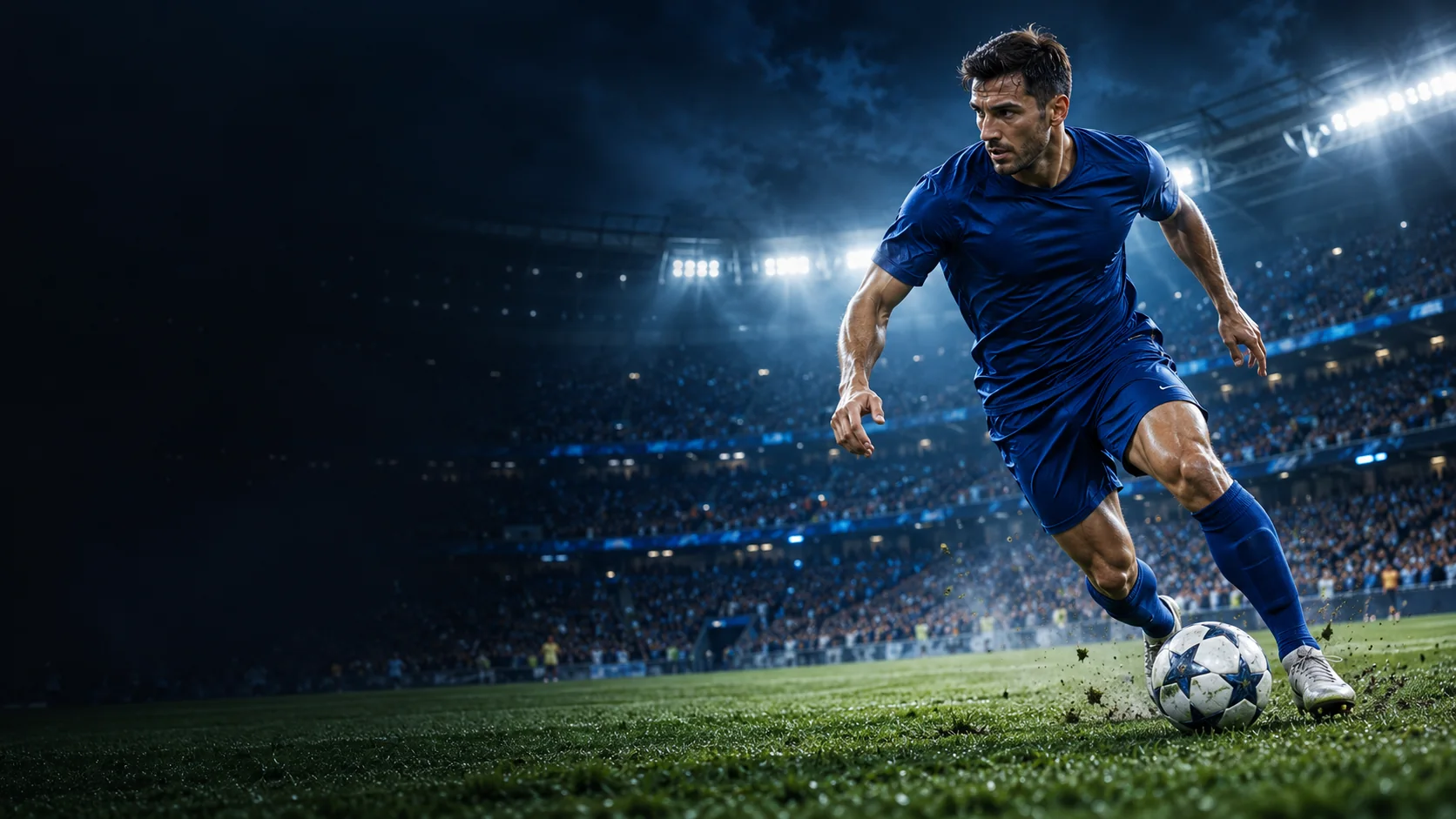 Footballer dribbling under stadium floodlights